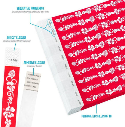 500 WristCo Red Hawaiian Flower Tyvek Wristbands for Events - Comfortable Tear Resistant Paper Bracelets ID Wrist Bands for Concerts Festivals Admission Party Identification