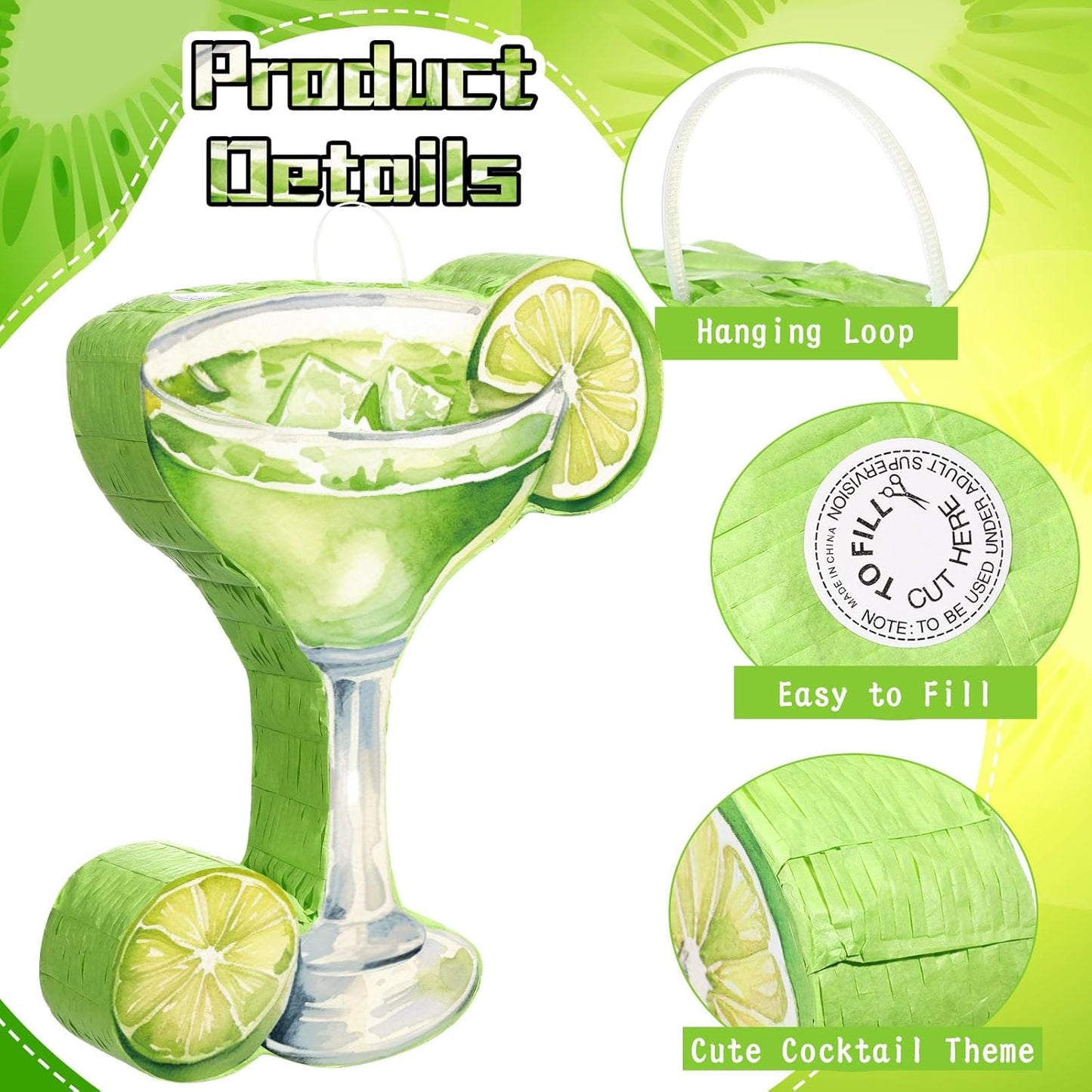Gilprop Margarita Piñata with Stick Blindfold Tequila Wine Glass Adult Piñata Green Lemon for Margs Matrimony Bachelor Wedding Bridal Shower Photo Prop Funny Summer Birthday Party Supplies