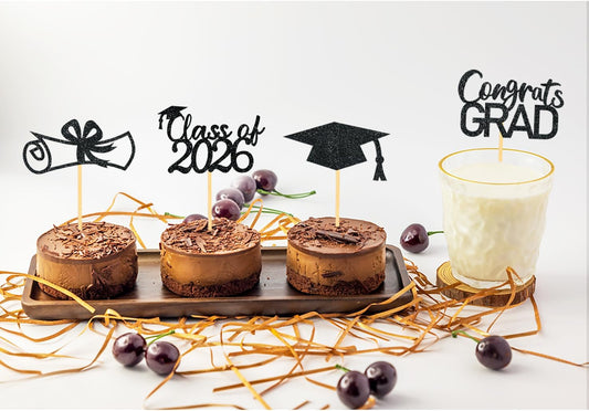 2026 Graduation Theme Cupcake Toppers Glitter Class of 2026 Graduation Cap Diploma Cupcake Picks - Set of 24 (Gold)