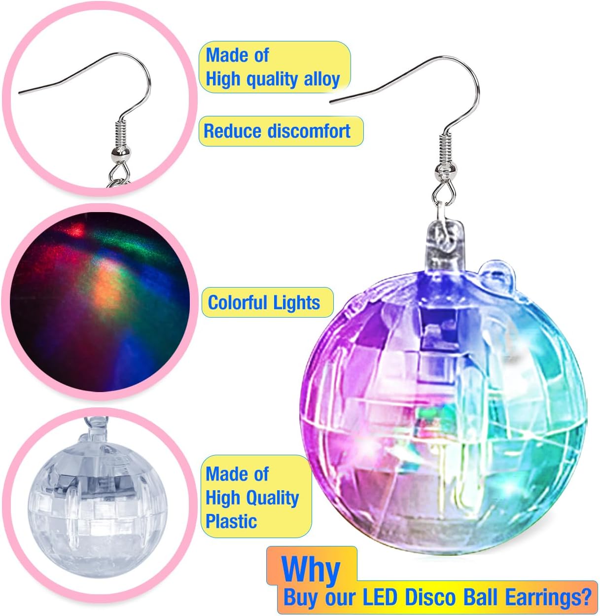 JICASTO LED Disco Ball Earrings and Necklaces, 2 Pcs 70s 80s Light up Disco Ball Set for Disco Party Favors Dance Accessories Women Halloween Costume