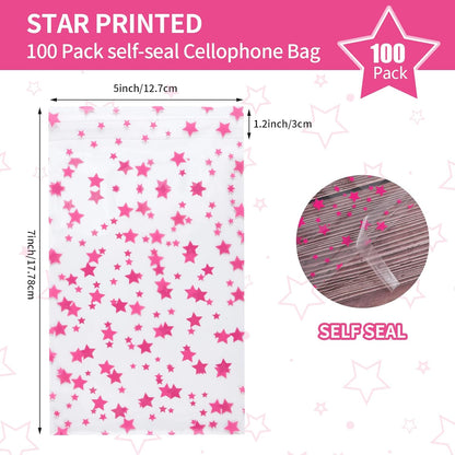 100 Pcs Star Printed 5"X 7" Gift Wrap Cello Cellophane Treat Bags Party Favor bags Clear Candy Cookie Bag Plastic Poly Goodie Storage Bag with Twist Ties for Bakery,Birthday, Wedding ,Party Decorations (Gold)