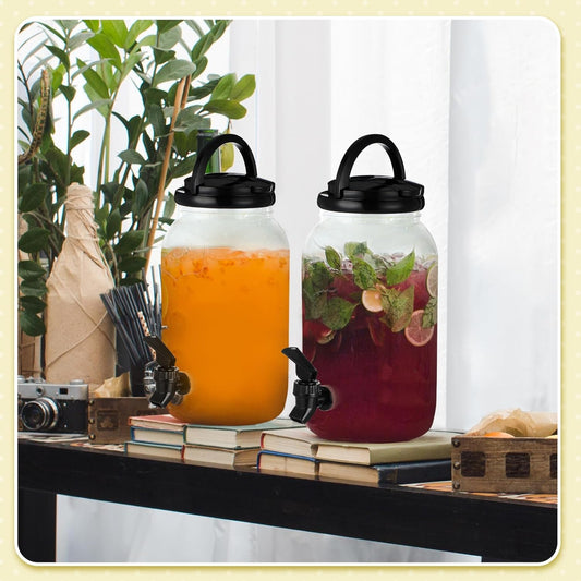 Tanlade 2 Pcs Plastic Drink Dispenser with Stand Beverage Dispenser with Sturdy Metal Base Juice Jar for Parties Lemonade Jar Spigot for Weddings Countertop Water, Each 1 Gallon (Gold)