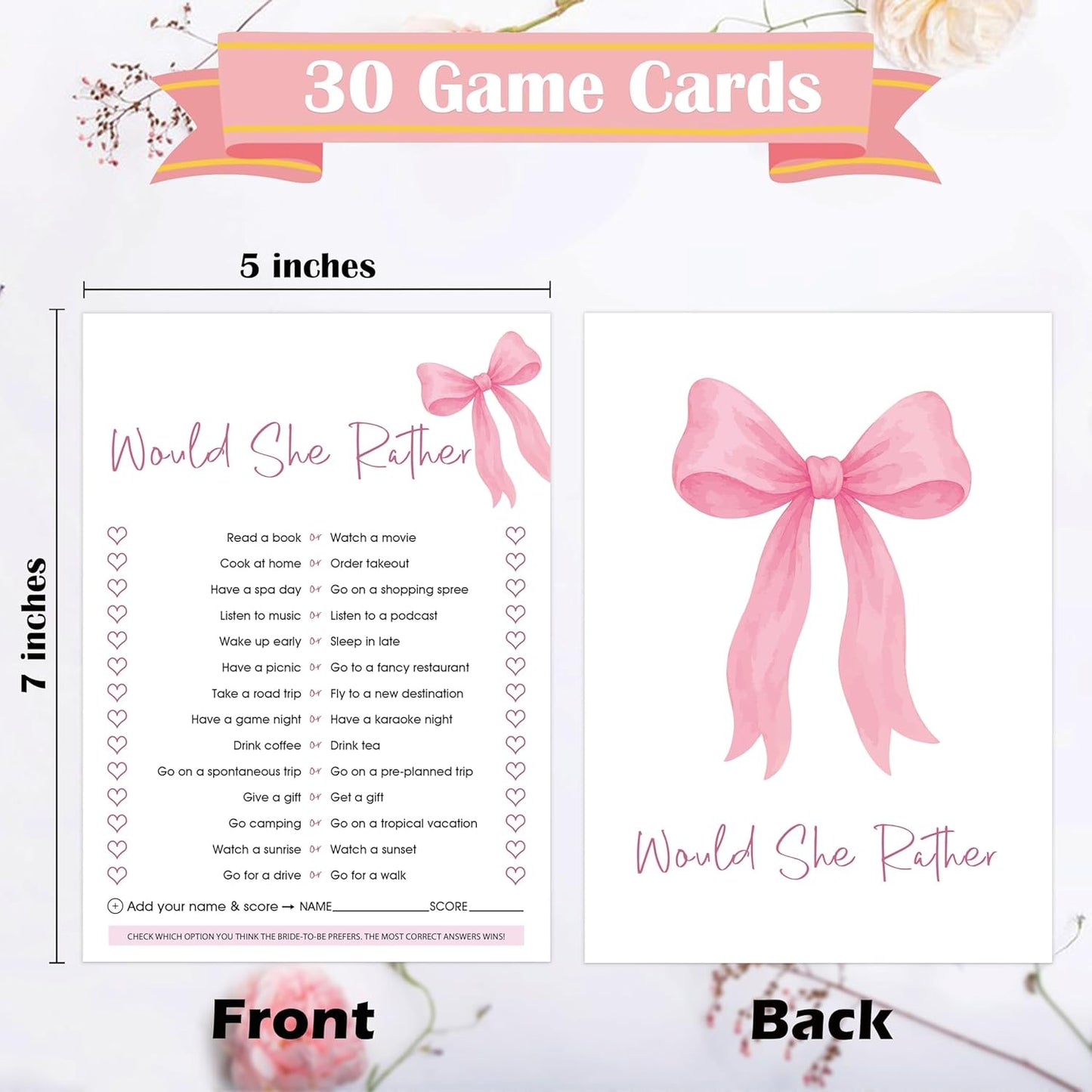 Pink Bow Bridal Shower Bingo Game with Blank Squares, Pack of 30 Game Cards, Bridal Shower Decorations, Wedding Engagement Decor, Bachelorette Party Supplies - KR05