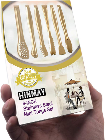 HINMAY Gold Plated Mini Serving Tongs Set 6-Inch Appetizers Tongs Stainless Steel Small Sugar Cube Tongs Ice Tongs, Set of 6