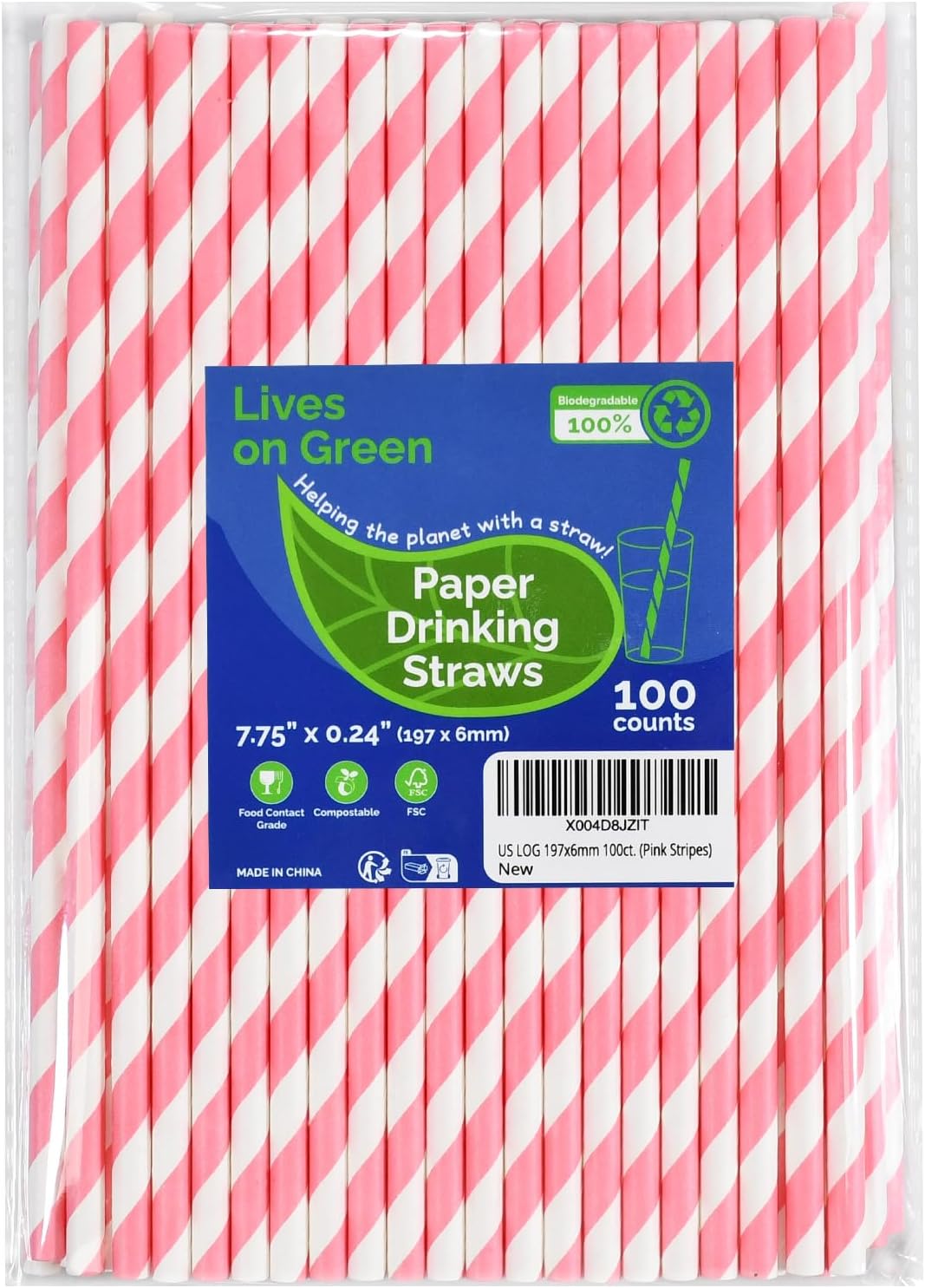 Disposable Paper Straws Solid Green - 7.75'' x 0.24'', 100 Counts - for Drinking, Beverage, Juice, Soda, Bar Supplies