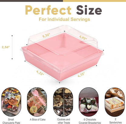 Leafiew 50 Pack Small Charcuterie Boxes with Clear Lids - To Go Paper Mini Charcuterie Box, Disposable Food Containers, 5Inch Dessert Boxes - Sandwich, Cookie, Sushi, Cake Slice, Strawberries (Brown)