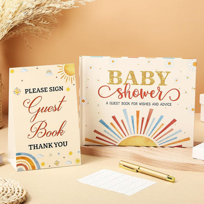 Fuyoooo 27 Pcs Safari Animal Baby Shower Guest Book Set Baby Shower Sign in Guest Floral Book Place Table Cards with Gold Pen Adhesive Photo Corner for Birthday Party