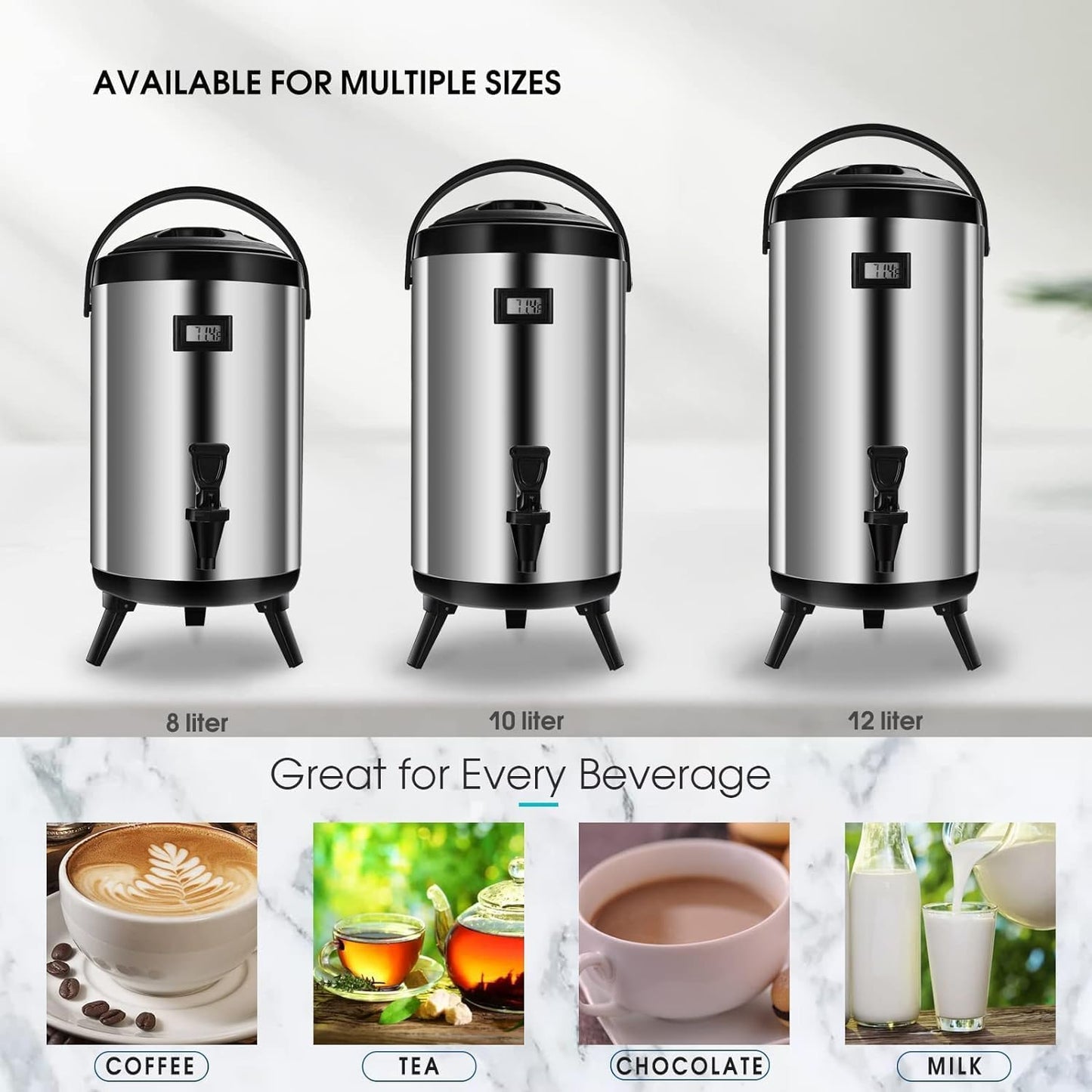 Hot Beverage Dispenser, Stainless Steel Insulated Beverage Dispenser Cold and Hot Drink dispenser with Thermometer– 12 Liters Water Dispenser with Spigot