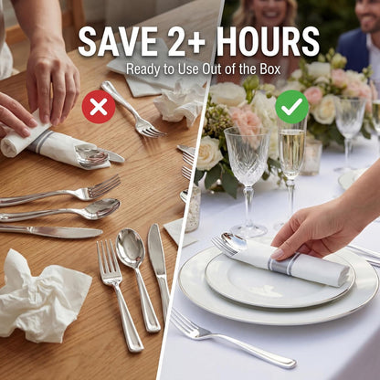 Liacere 100 Pack Silver Plastic Silverware-Pre Wrapped cutlery and Napkin-Pre Rolled Silverware Disposable 100 Forks, 100 Knives 100 Spoons, 100 Napkins Plastic Utensils＆Wedding