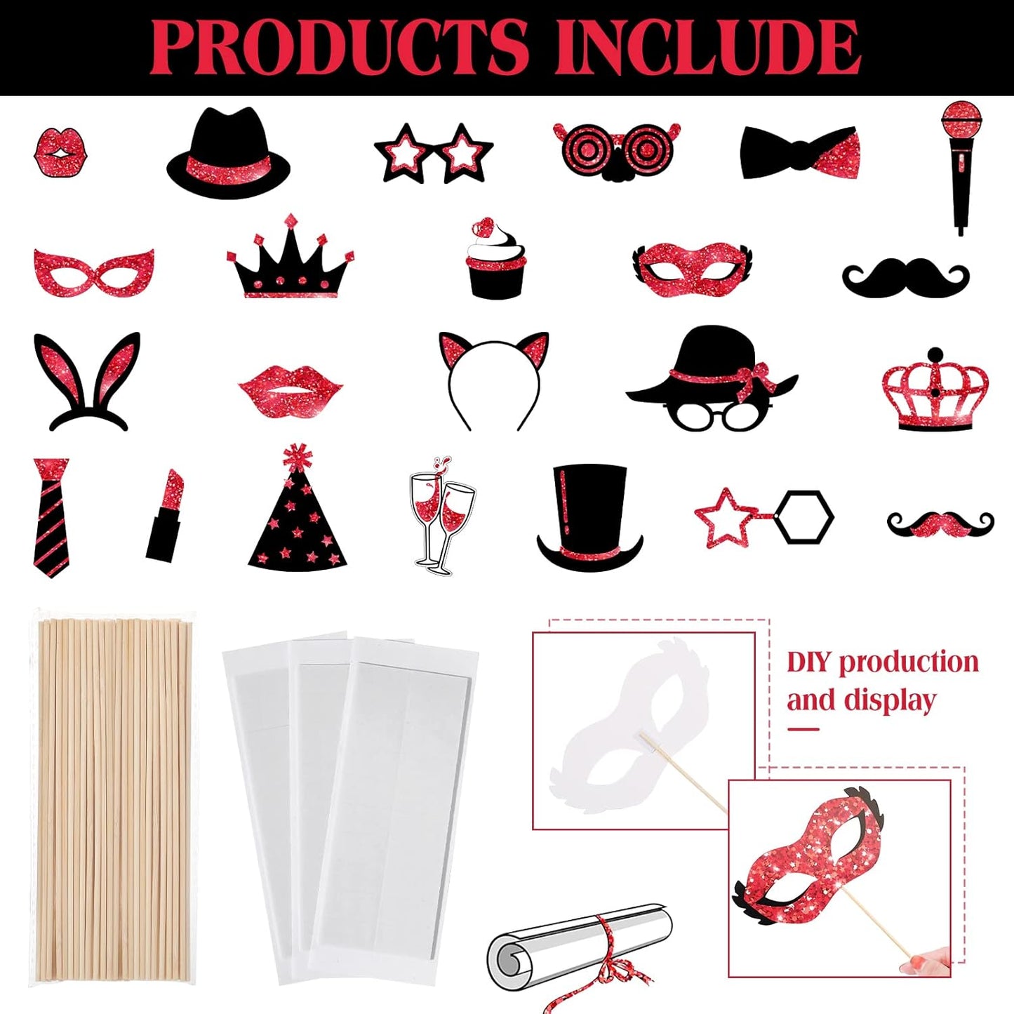 Zonon 24 Pcs Funny Photo Booth Props Class of 2026 Graduation Birthday Wedding Family Class Reunion Prom Disco Party Celebration Decoration Supplies Mix of Hats, Lipstick, Tie(Blue and Black)