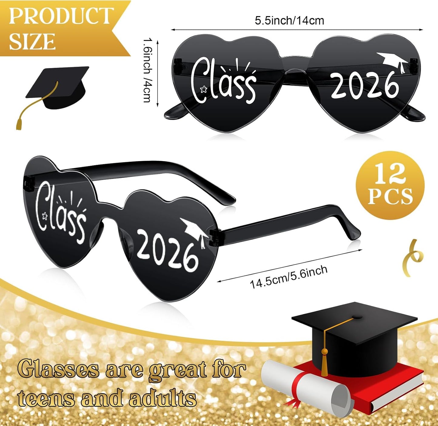 Xuhal 2026 Graduation Glasses Heart Shaped Plastic Eyeglasses Graduation Party Favor Photo Props
