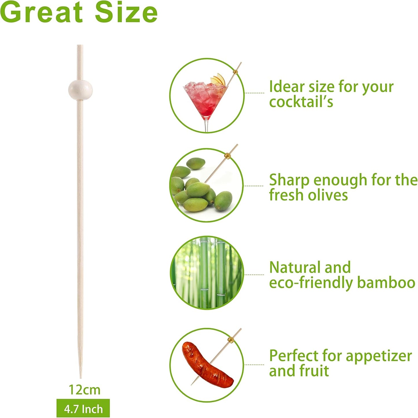 200 Pcs Cocktail Picks, 4.7 Inch Toothpicks for Appetizers, Bamboo Cocktail Sticks Skewers for Drinks, Desserts, Charcuterie, Wedding Party Fancy Toothpicks, Gold Pearl Mini Food Picks Decorative