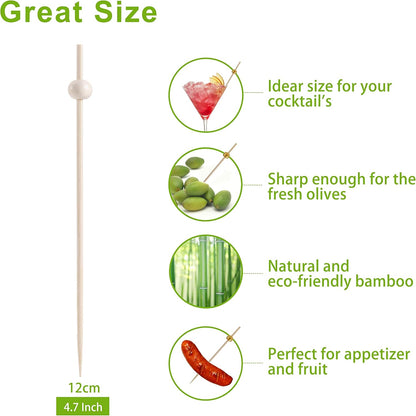 200 Pcs Cocktail Picks, 4.7 Inch Toothpicks for Appetizers, Bamboo Cocktail Sticks Skewers for Drinks, Desserts, Charcuterie, Wedding Party Fancy Toothpicks, Gold Pearl Mini Food Picks Decorative