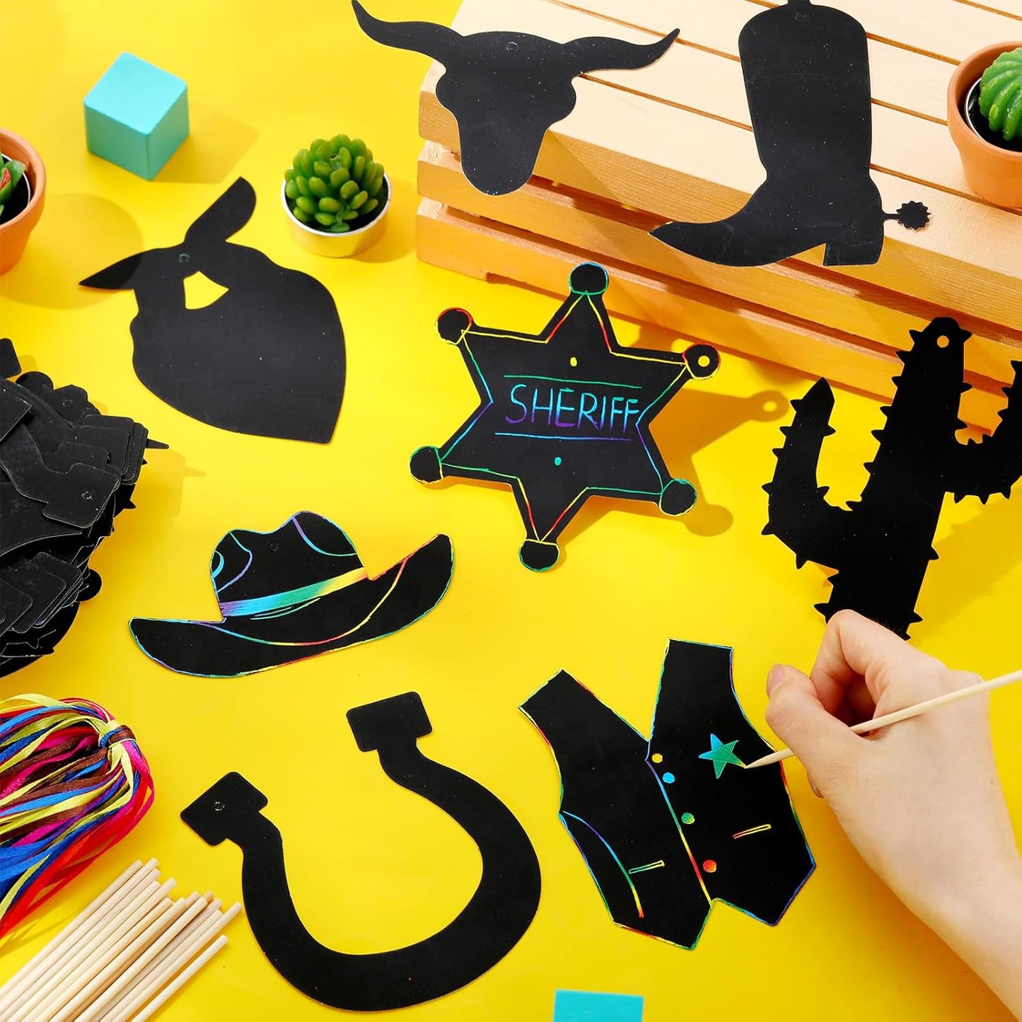 Hungdao 160 Pcs Western Cowboy Scratch Cards for Men Colorful Rainbow Cowboy Scratch Paper Art with Wooden Stylus for Adult Western Theme Birthday Party DIY Activities