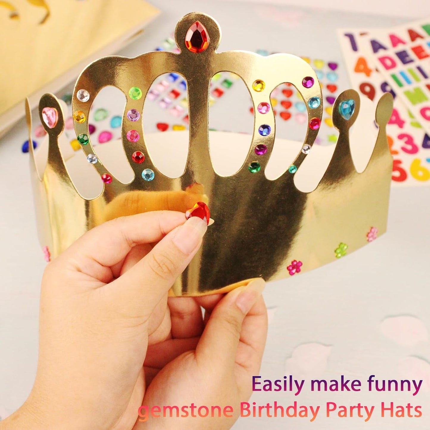 46 Pcs Paper Crowns DIY Party Hats Gold Decorative Crown Supplies with Jewels Gems Stickers for Birthday Party Celebrations