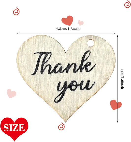 100 Pieces Thank You Tags Wood Thank You Gift Tags with String Heart Shape for Baby Shower Wedding Party Favor