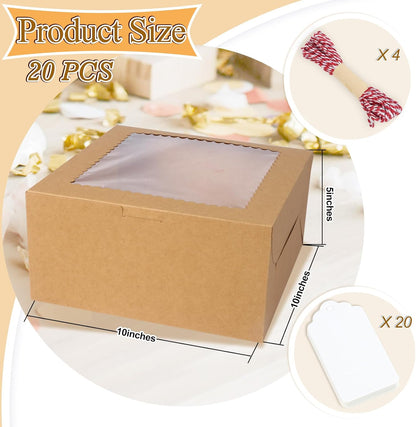 20Pcs 8 Inch Cake Boxes with Window, 8x8x5 Inches Brown Bakery Boxes, Cake Carrier Container for Pastries, Pie, Cookies, Chocolates, Cupcakes, Birthday Party, Wedding