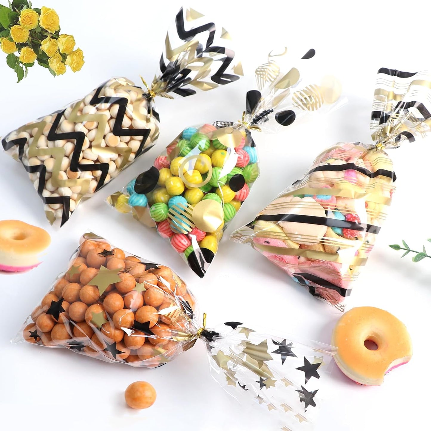 100 Pcs Star Printed 5"X 7" Gift Wrap Cello Cellophane Treat Bags Party Favor bags Clear Candy Cookie Bag Plastic Poly Goodie Storage Bag with Twist Ties for Bakery,Birthday, Wedding ,Party Decorations (Gold)