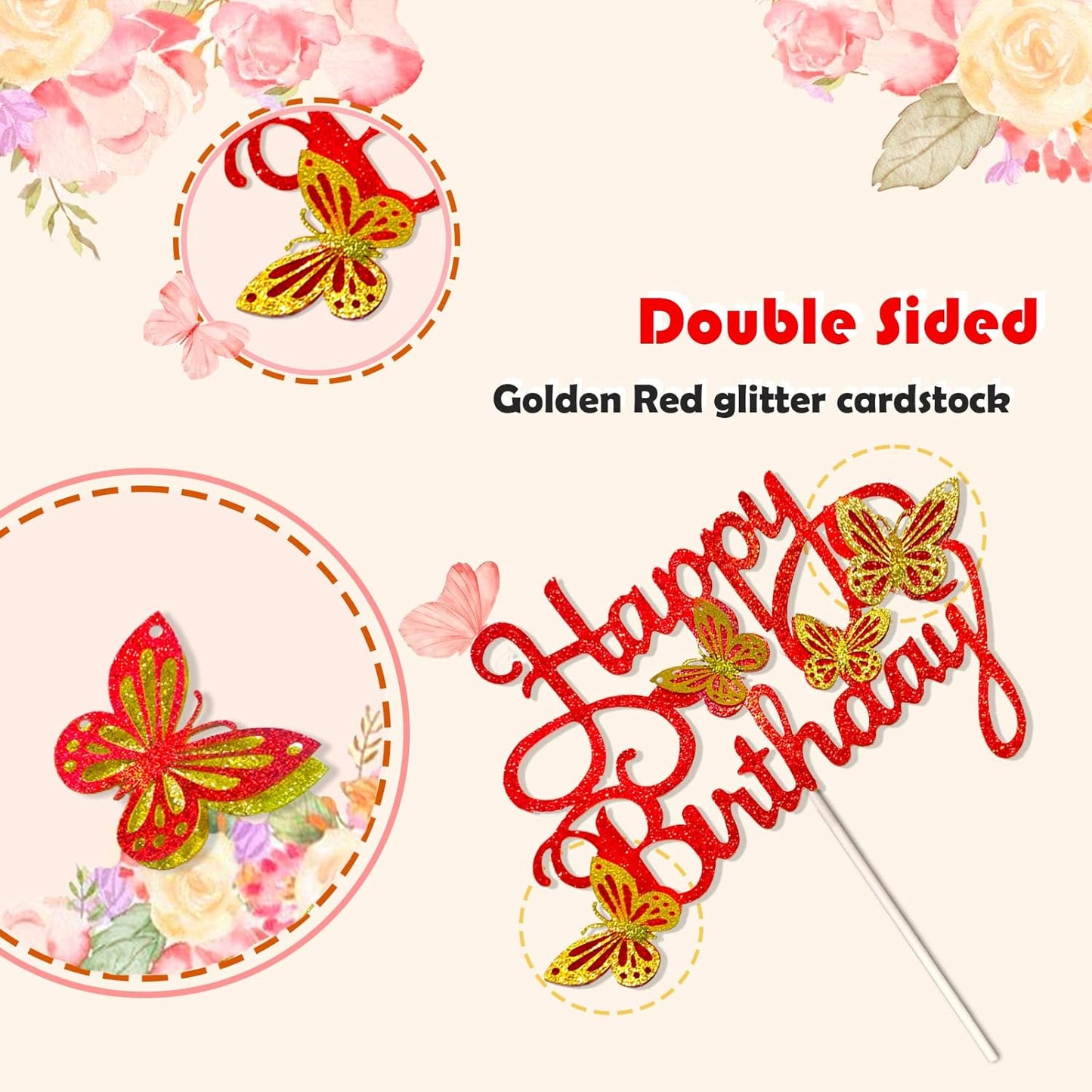 13-Pieces 3D Butterfly Cupcake Topper for Girls Women's Happy Birthday Cake Decorations Party Decorations(Pink)