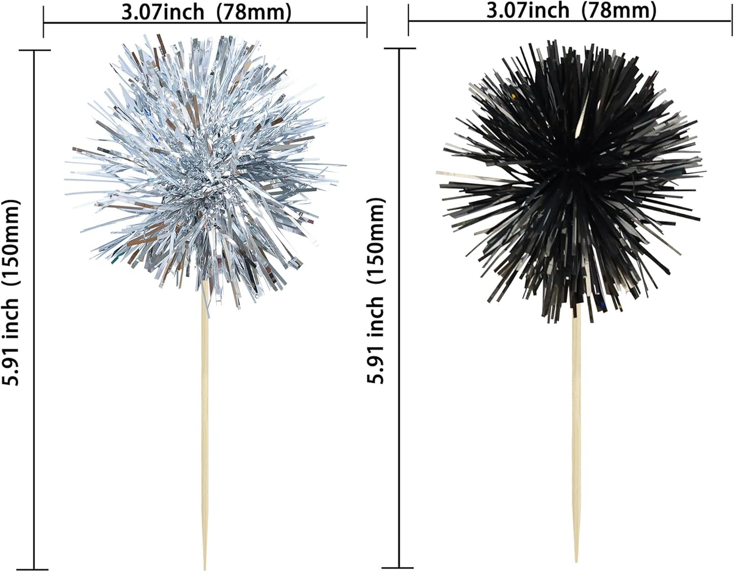 Ephlyn 30Pcs Foil Firework Cupcake Toppers Sparkle Tinsel Cupcake Picks Drink Stirrers Cocktail Food Fruit Toothpicks for Baby Shower Graduation Party Supplies White