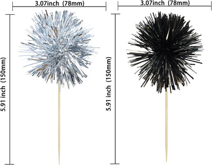 Ephlyn 30Pcs Foil Firework Cupcake Toppers Sparkle Tinsel Cupcake Picks Drink Stirrers Cocktail Food Fruit Toothpicks for Baby Shower Graduation Party Supplies White