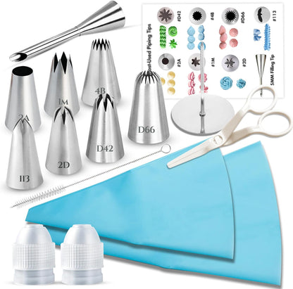 15PCS Reusable Piping Bags and Tips Set - Cake Decorating Kit with 8 Stainless Steel Nozzles, 2 Silicone Pastry Bags, 2 Couplers, Flower Nail, Lifter, Guide & Brush