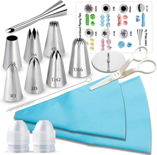 15PCS Reusable Piping Bags and Tips Set - Cake Decorating Kit with 8 Stainless Steel Nozzles, 2 Silicone Pastry Bags, 2 Couplers, Flower Nail, Lifter, Guide & Brush