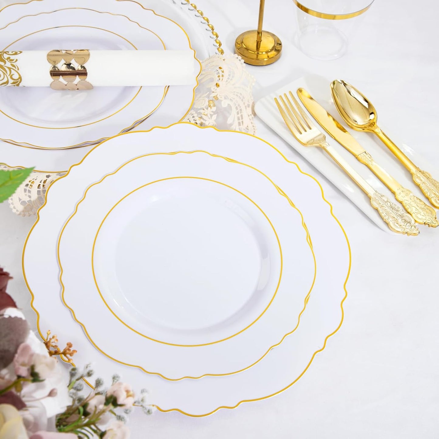 350 Pieces Black and Gold Plastic Plates with Disposable Silverware, Include 50 Dinner Plates 9”, 50 Dessert Plates 6.3”, 50 Black Cups 9 OZ, 50 Pre Rolled Napkins for Wedding Party Graduation