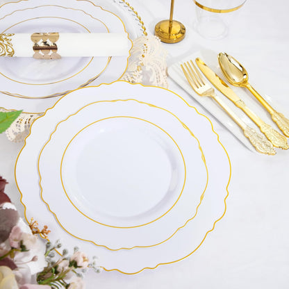 350 Pieces Black and Gold Plastic Plates with Disposable Silverware, Include 50 Dinner Plates 9”, 50 Dessert Plates 6.3”, 50 Black Cups 9 OZ, 50 Pre Rolled Napkins for Wedding Party Graduation