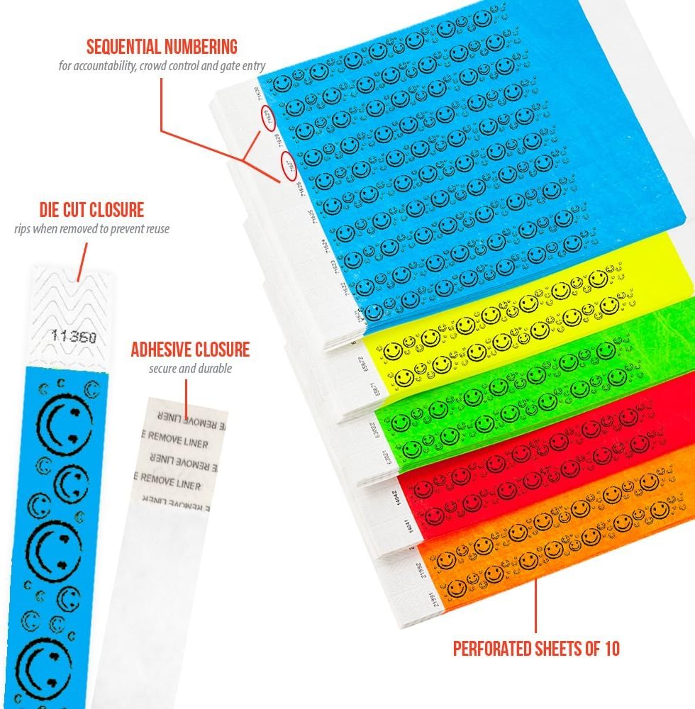 500 WristCo Yellow Smiley Face Tyvek Wristbands for Events - ¾” x 10” - Waterproof Recyclable Comfortable Tear Resistant Paper Bracelets Wrist Bands for Concerts Festivals Admission Party