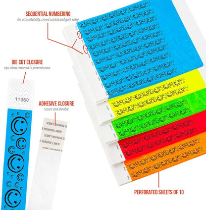 500 WristCo Yellow Smiley Face Tyvek Wristbands for Events - ¾” x 10” - Waterproof Recyclable Comfortable Tear Resistant Paper Bracelets Wrist Bands for Concerts Festivals Admission Party