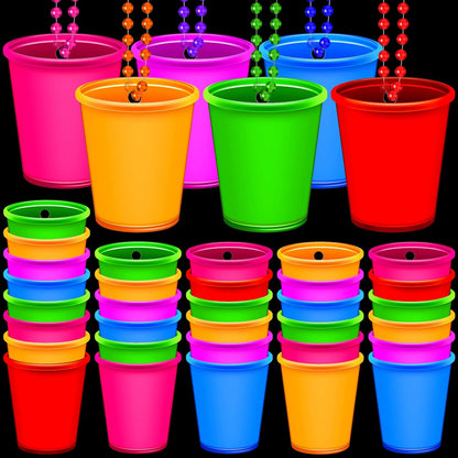 Sureio 24 Pieces Shot Glass Necklaces Light Up Necklace Shot Glasses Glow in the Dark Neon Plastic Shot Necklace Cups on Beaded for Halloween Christmas Wedding Glowing Party Favor, 6 Colors