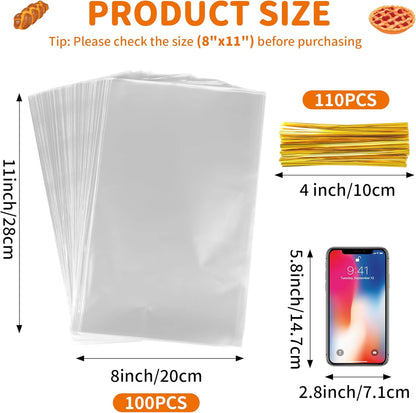 50pcs Clear Cellophane Treat Bags - 8 x 11 Inches Large Plastic Gift Bags with 60 Gold Twist Ties - Food Grade Cello Bags for Packaging Cookies, Candies, Popcorn, Bakery, Party Favors & DIY Crafts