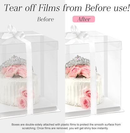 Ocmoiy 8x8x9Inch Clear Cake Box, 5 Pcs Cake Boxes with Ribbon Suitable for Packaging 6 Inch Cake, Disposable Cake Holder Carrier for Wedding, Birthday, Party