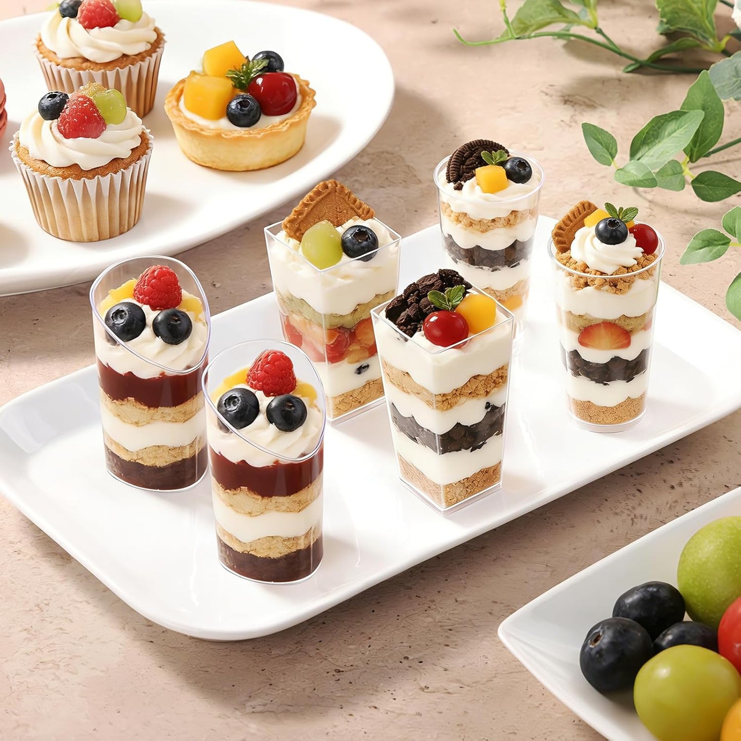 Eupako 3 oz Plastic Dessert Shooter Cups with Spoons - 100 Pack Mini Clear Slanted Appetizer Cup, Small Dessert Cup for Jello Shots, Parfait, Puddings, Mousse