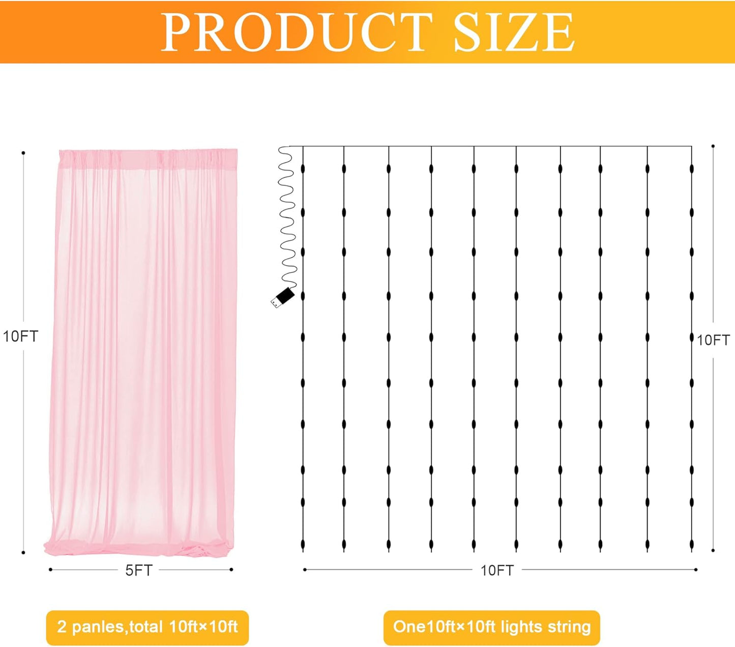 Fomcet Tulle Backdrop Curtains with Lights String White 10FT X 8FT Sheer Curtain with Lights Tulle Curtains Backdrop for Wedding Birthday Party Baby Shower Photo Shoot (2 Panels 5x8FT)