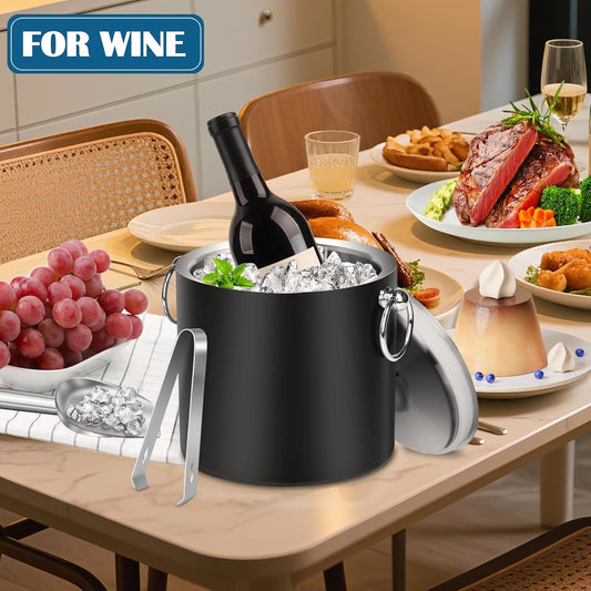 Ice Bucket with Lid & Tong- Well Made Insulated Stainless Steel Keep Ice Frozen Longer - Ideal for Cocktail Bar, Parties, Chilling Wine, Champagne - 3 Liter (Teakwood)