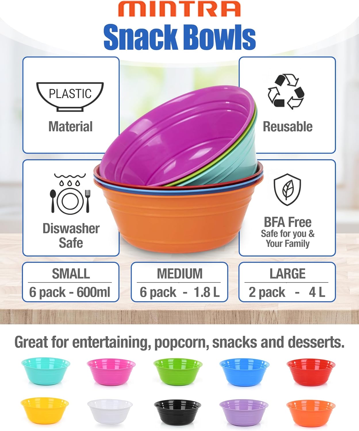 Mintra Home Snack Bowls (Medium 6pk (1.8L), Assorted)