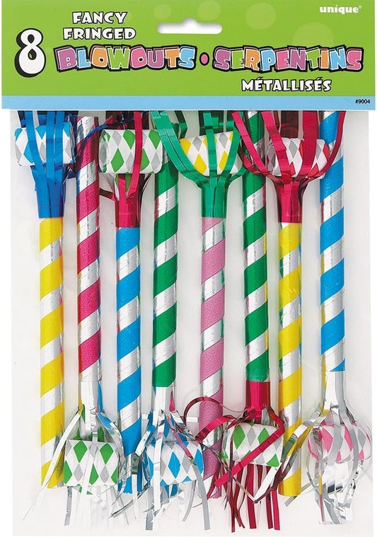Multicolor Metallic Stripes Party Blowouts - 9.5", 8 Pieces - Perfect Birthday Party Favors for Kids