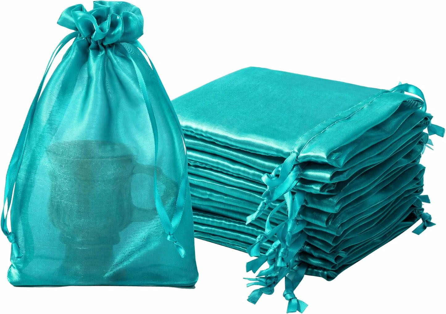 QIANF 20 Pcs Peacock Blue Small Organza Bags 3X4 inch for Wedding Favors with Drawstring, Mini Mesh Gift Bags Jewelry Pouch for Candy Bridal Shower Party Favor Baby Shower Christmas