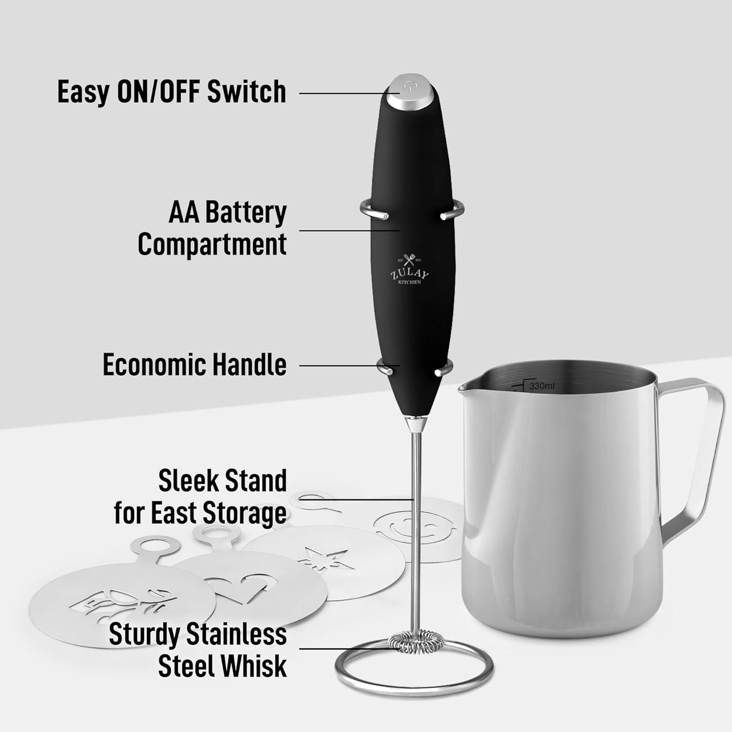 Zulay Kitchen Powerful Milk Frother AA Batteries Included – Ultra Fast Handheld Drink Mixer with Stainless Steel Whisk Stirrer for Coffee, Protein, Matcha & More, Frother Wand Electric Frothmate Black - Colors E