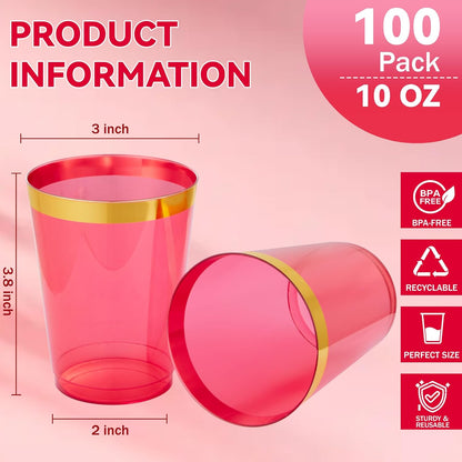 supernal 100pcs Gold Plastic Cups 12 oz, Glitter Clear Disposable Cups Heavy Duty, Fancy Plastic Cocktail Tumblers for Wedding, Parties Champagne & Mixed Drinks