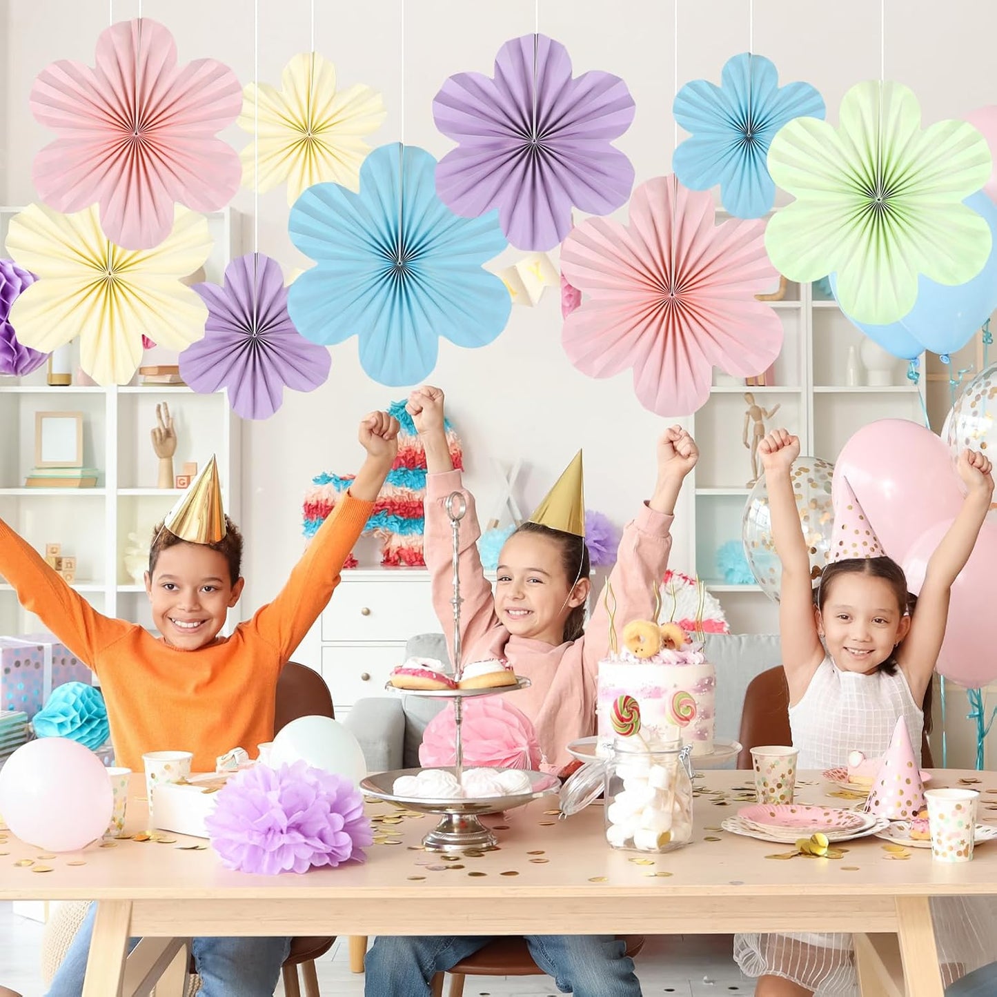Justforjoyful 9PCS Pastel Paper Flowers Decorations Pastel Paper Fans Floral Backdrop Decor 3D Tissue Flowers Decorations for Classroom Wall Room Bulletin Board Birthday Supplies