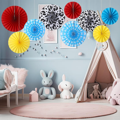 Outus 9 Pcs Western Cowboy Party Decorations Paper Fans Wagon Wheels Straw Hay Bales Hanging Ceiling Wall Decor for Country Western Themed Rodeo Farm Birthday Party Supplies (Wagon Wheels)