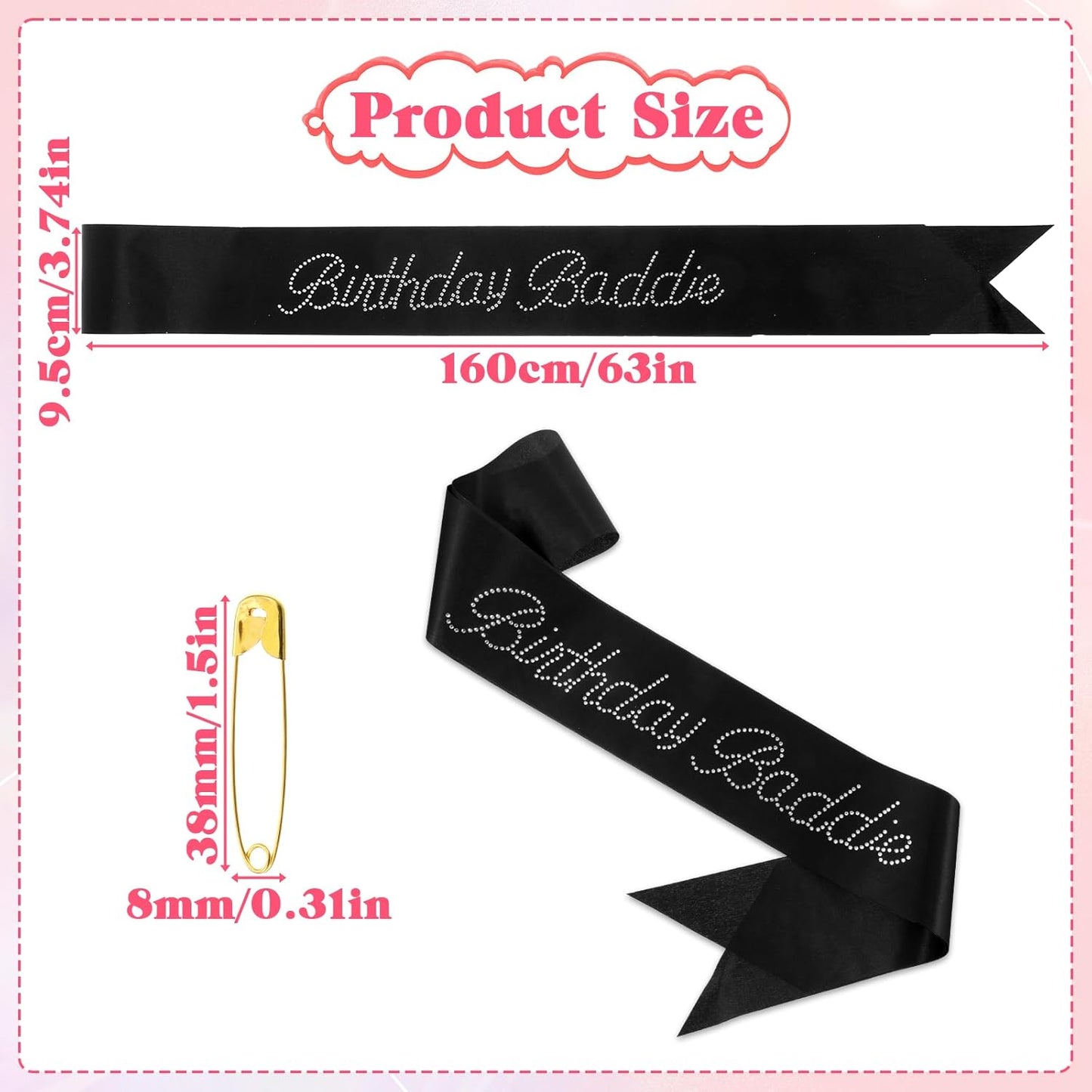 Birthday Sash for Women Birthday Baddie Sash Glitter Black Birthdays Sashs Funny Birthdays Sashs with Glitter Rhinestones Decorations for Women Funny Baddie Decorations Party Supplies