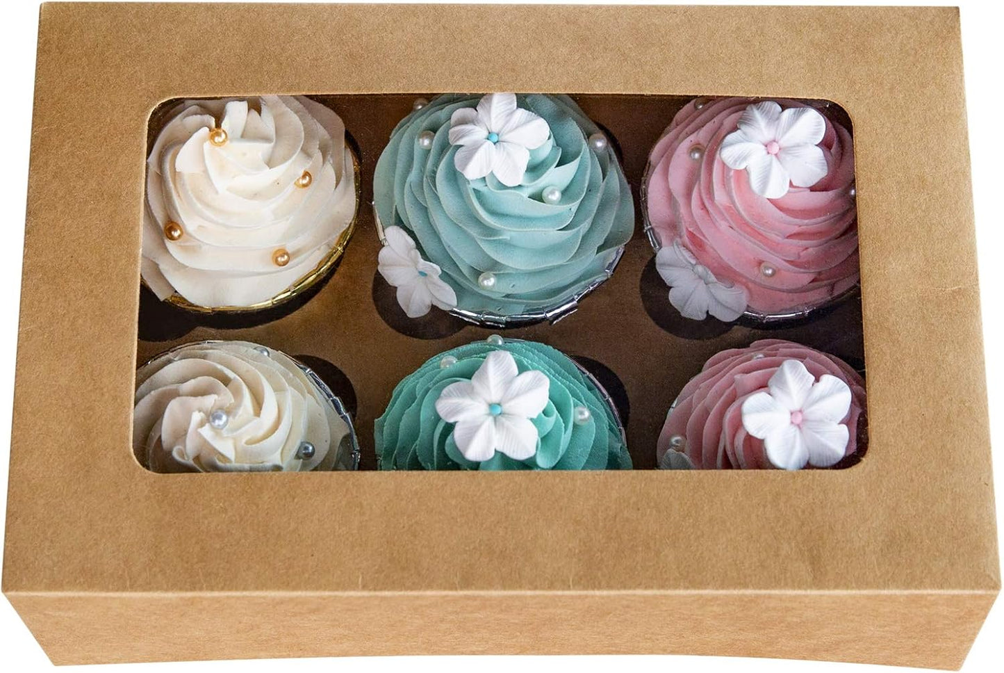 ONE MORE Cupcake Boxes with Inserts 6 Holders,9.5x6.3x3inch Large Brown Kraft Standard Bakery Boxes with Window Food Grade Cake Carrier Container for Muffins Gift Treat Box Bulk,Pack of 15