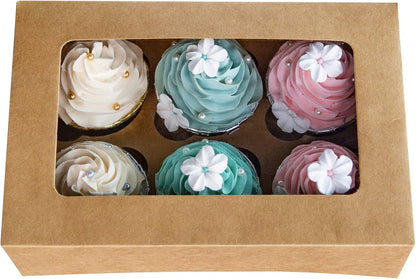 ONE MORE Cupcake Boxes with Inserts 6 Holders,9.5x6.3x3inch Large Brown Kraft Standard Bakery Boxes with Window Food Grade Cake Carrier Container for Muffins Gift Treat Box Bulk,Pack of 15