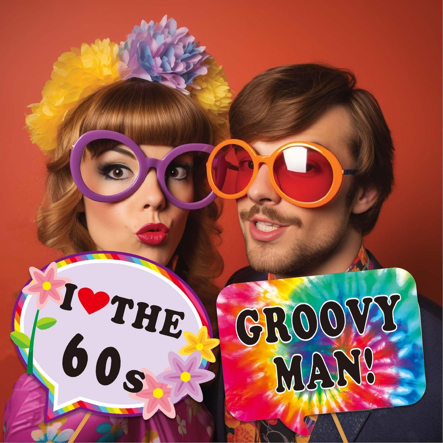31pcs 60s Party Decorations, 30pcs 60's Photo Booth Prop with 1pcs 60 Hippie Bus Shaped Selfie Frame, Groovy Peace Love Themed Favor for 60's Hippie Birthday Party Favor Supplies