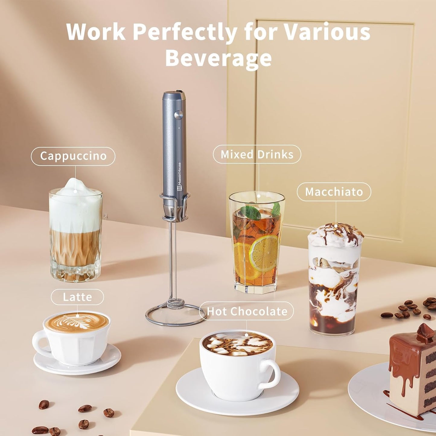 Maestri House Rechargeable Milk Frother with Stand, LunaFro Handheld Electric Foam Maker Waterproof Detachable Stainless Steel Whisk Drink Mixer Foamer for Lattes, Cappuccino