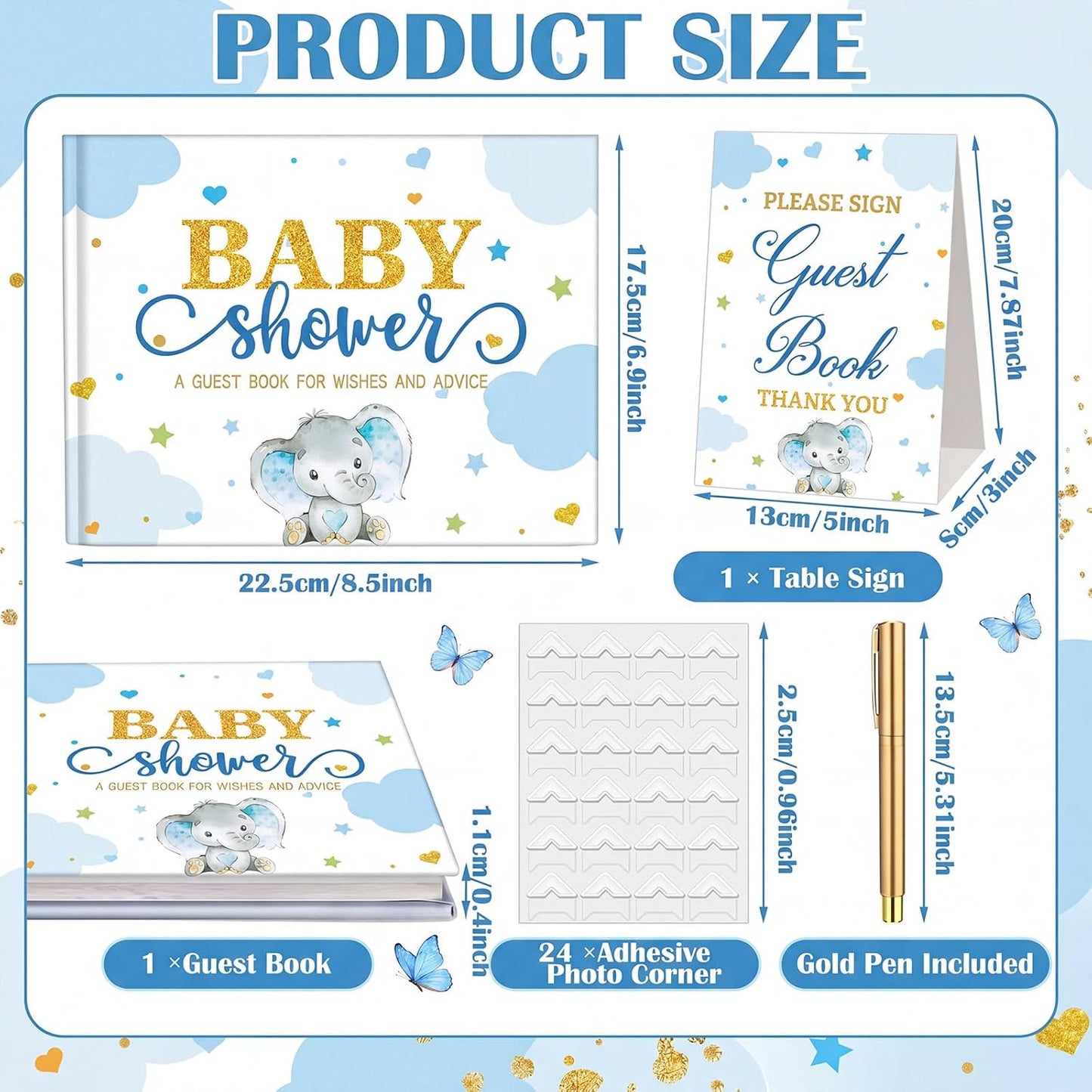 Fuyoooo 27 Pcs Safari Animal Baby Shower Guest Book Set Baby Shower Sign in Guest Floral Book Place Table Cards with Gold Pen Adhesive Photo Corner for Birthday Party